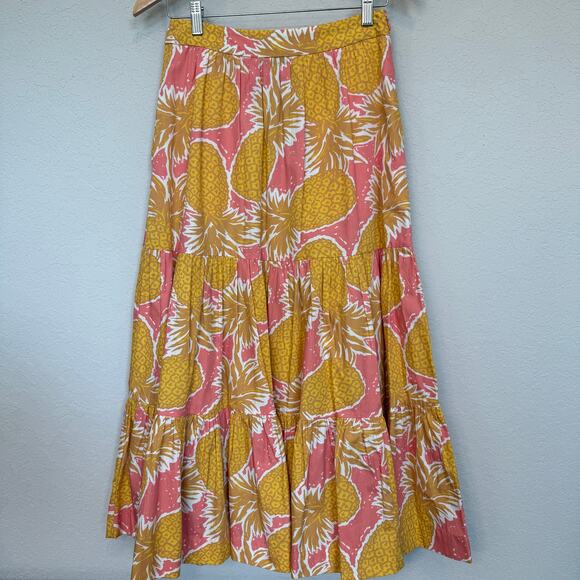 Women's Boden Tiered Pink‎ and Yellow Pineapple Tropical Midi Skirt Size 4P - Picture 2 of 7